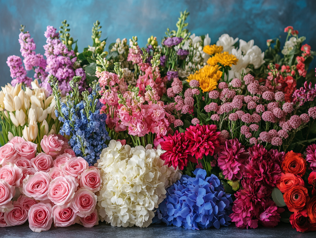 A vibrant display of colorful flowers arranged in rows, including roses, tulips, hydrangeas, and daisies, set against an elegant blue background. The focus is on the variety of colors and types of blossoms.