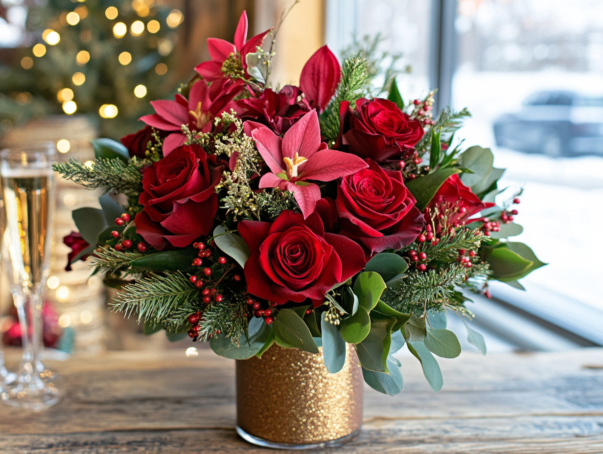 A glamorous arrangement of Red Roses, amaryllis , and orchids, Christmas tree steams and sparkling accents. The background feature New Year's decorations such as champagne flutes.