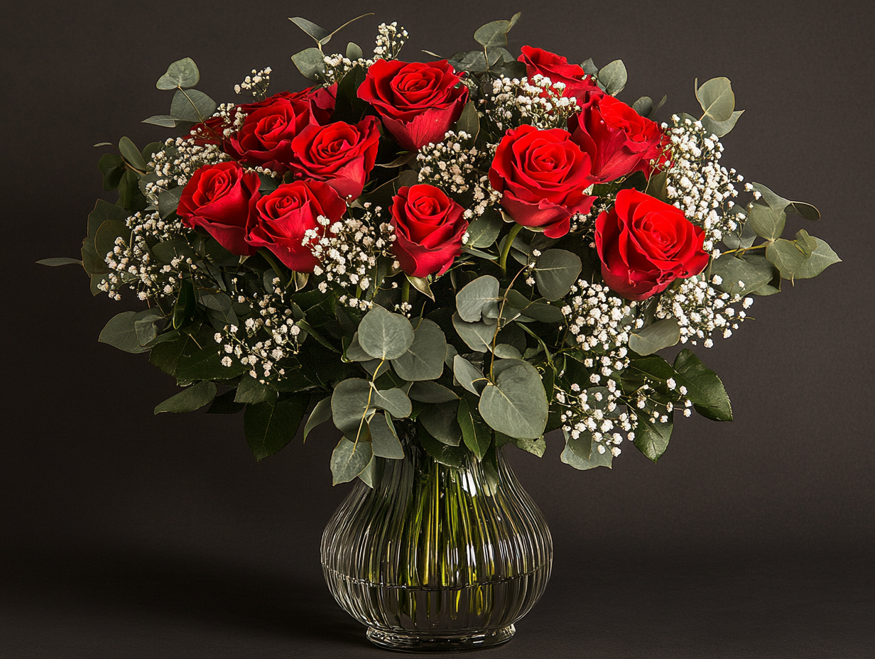 A luxurious bouquet of red roses and delicate accents with greenery and white baby breath