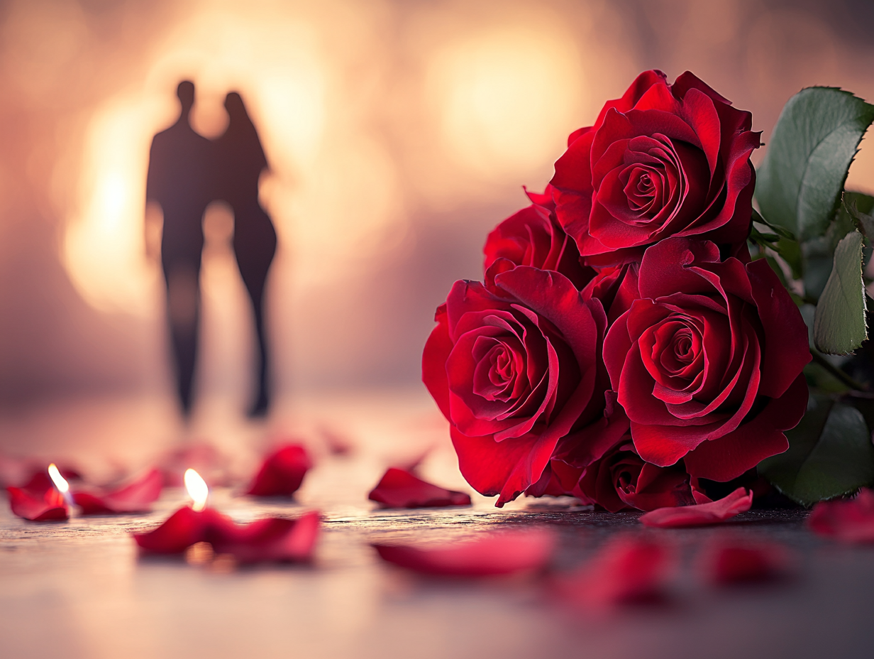 A romantic setting with a bouquet of deep red roses, accented by candlelight, and a couple holding hands in the background, evoking a warm and intimate mood.