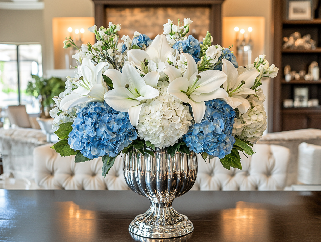 A stunning arrangement of white lilies, blue hydrangeas, silver accents, and lush greenery displayed in an elegant glass vase, with menorah candles softly glowing in the background.