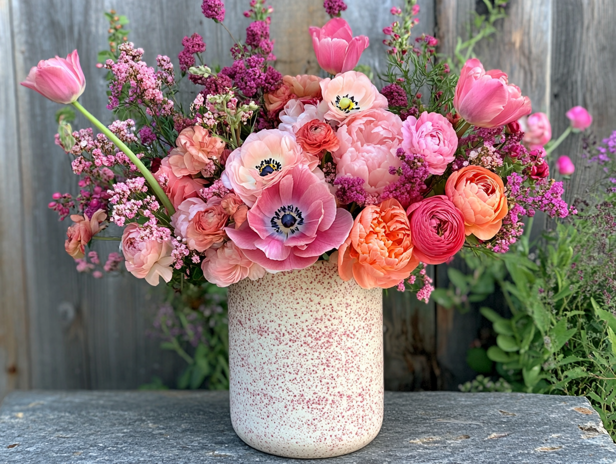 A vibrant bouquet featuring a mix of fresh blooms like tulips, ranunculus, expression roses , arranged in an elegant vase, exuding joy and gratitude.