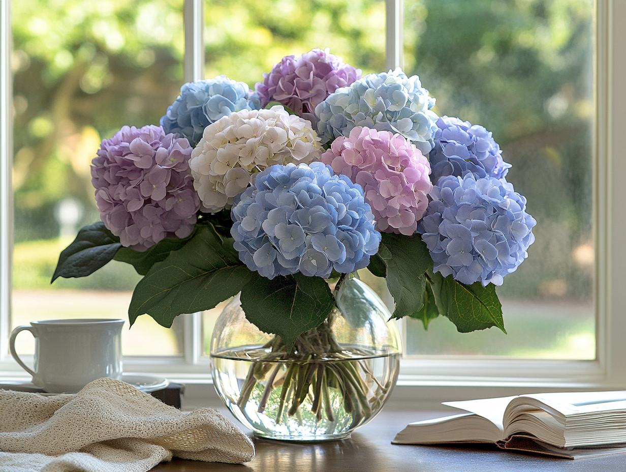 An arrangement of soft, pastel-colored flowers in a clear glass vase, placed on a windowsill with natural light streaming in. Include a cozy throw blanket and a book and cup of tea nearby to convey comfort and relaxation. 
