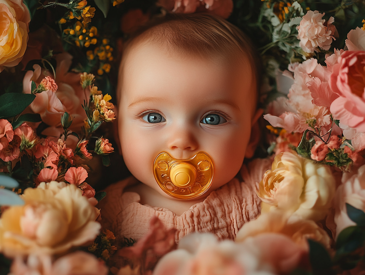 portrait of a baby with a golden pacifier bedded in beautiful flowers, opened eyes, positive expression, reddish light