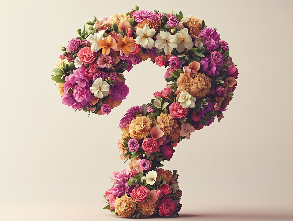 The question mark is made of flowers, with a simple background, in a studio shot. 